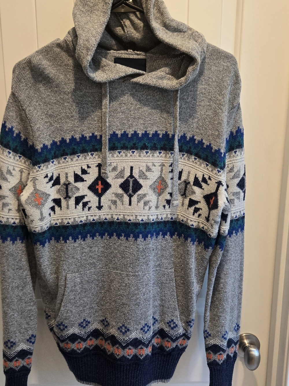 American Eagle Outfitters Grey Hooded Sweater with Blue and Orange Accents